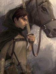 Rule 34 | 1boy, brown hair, capelet, chest harness, eren yeager, from side, green capelet, green eyes, harness, holding, holding sword, holding weapon, horse, male focus, mrs.yega (nai0026er), painting (medium), paradis military uniform, shingeki no kyojin, shirt, short hair, sideburns, solo, sword, three-dimensional maneuver gear, traditional media, upper body, weapon, white shirt