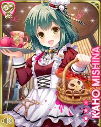 Rule 34 | 1girl, apron, bag, basket, black bow, bow, bread, cage, card (medium), collar, cup, dress, food, girlfriend (kari), green hair, hair ornament, handbag, holding, indoors, key, looking at viewer, maid, mishina kaho, official art, open mouth, prison, purple dress, qp:flapper, scissors, short hair, skull, solo, strap, surprised, tagme, teacup, teapot, tray, yellow eyes