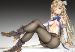Rule 34 | 1girl, areola slip, arm support, artist name, ass, atelier (series), atelier ryza, atelier ryza 1, black footwear, black pantyhose, blonde hair, blue ribbon, bow, braid, breasts, closed mouth, collarbone, commentary request, convenient censoring, covered erect nipples, crossed legs, eyes visible through hair, gradient background, green eyes, hair bow, hairband, high heels, klaudia valentz, knees up, long hair, medium breasts, neck ribbon, panties, panties under pantyhose, pantyhose, red bow, ribbon, sitting, solo, sweat, thighband pantyhose, topless, underwear, very long hair, viola (seed)