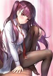 Rule 34 | 1girl, arm support, black pantyhose, blush, braid, breasts, closed mouth, collared shirt, french braid, girls&#039; frontline, gloves, hair ribbon, half updo, hand on leg, head tilt, himonoata, knee up, large breasts, long hair, long sleeves, looking at viewer, navel, necktie, no shoes, one side up, pantyhose, partially unbuttoned, purple hair, red eyes, red necktie, red ribbon, ribbon, shirt, sitting, solo, striped clothes, striped shirt, tsurime, very long hair, wa2000 (girls&#039; frontline), white shirt