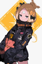 Rule 34 | 1girl, abigail williams (fate), abigail williams (traveling outfit) (fate), alchemaniac, alternate hairstyle, bandaid, bandaid on face, bandaid on forehead, belt, black bow, black jacket, blonde hair, blue eyes, bow, caution tape, fate/grand order, fate (series), forehead, grin, hair bow, hair bun, heroic spirit traveling outfit, high collar, highres, holding, holding stuffed toy, jacket, keep out, long hair, looking at viewer, official alternate costume, orange bow, parted bangs, polka dot, polka dot bow, single hair bun, sleeves past fingers, sleeves past wrists, smile, solo, stuffed animal, stuffed toy, teddy bear, tentacles, thighs, white background