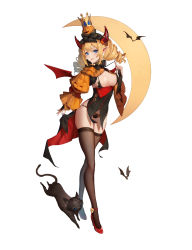 Rule 34 | 1girl, absurdres, bat (animal), black thighhighs, blonde hair, blue eyes, breasts, cat, demon horns, erosiscon, eyebrows, hair ornament, high heels, highres, horns, looking at viewer, pointy ears, red footwear, solo, standing, thighhighs, tongue, tongue out
