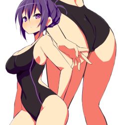 Rule 34 | 1girl, 9law, ass, bad id, bad pixiv id, blush, breasts, cleavage, gochuumon wa usagi desu ka?, large breasts, looking at viewer, multiple views, one-piece swimsuit, purple eyes, purple hair, simple background, swimsuit, tedeza rize, white background