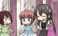Rule 34 | +++, 10s, 3girls, alternate costume, black hair, blush, brown hair, casual, commentary, dated, dress, fitting room, gradient hair, hair ornament, hairclip, hamu koutarou, haruna (kancolle), highres, kantai collection, mirror, multicolored hair, multiple girls, mutsuki (kancolle), open mouth, red hair, short hair, short sleeves, sleeveless, sleeveless dress, z3 max schultz (kancolle)
