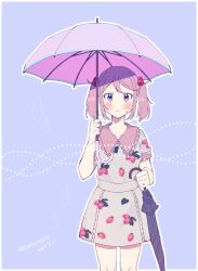 Rule 34 | 1girl, blush, closed mouth, dated, dress, feet out of frame, food print, hair bobbles, hair ornament, highres, holding, holding umbrella, kantai collection, looking at viewer, one-hour drawing challenge, pink eyes, pink hair, sazanami (kancolle), short hair, short sleeves, solo, strawberry print, tenyako (mirasato24), twintails, twitter username, umbrella, white dress