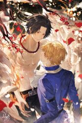 Rule 34 | 2boys, absurdres, ascot, bare tree, bead necklace, beads, black pants, blonde hair, blue shirt, closed eyes, floral background, flower, from side, highres, jewelry, male focus, multiple boys, necklace, one piece, pants, portgas d. ace, red flower, sabo (one piece), scar, scar across eye, shirt, short hair, smile, smoke, sqloveraven, toned, toned male, tree