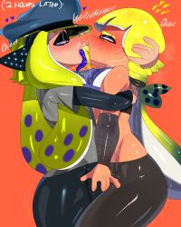 Rule 34 | 2girls, absurdres, blush, english text, french kiss, hand on another&#039;s head, hat, highres, hug, inkling, inkling girl, inkling player character, kiss, licking, long hair, looking at viewer, multiple girls, nintendo, open mouth, orange background, simple background, splatoon (series), surprised, tayuri, tongue, tongue out, trembling, yuri