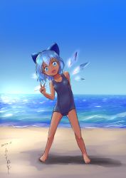 Rule 34 | 1girl, absurdres, arm behind back, artist name, bare shoulders, barefoot, beach, blue bow, blue eyes, blue hair, blue one-piece swimsuit, blue sky, blue theme, bow, breasts, cirno, ciro, collarbone, dark-skinned female, dark skin, dated, day, female focus, full body, gluteal fold, gradient sky, hair bow, hand up, happy, highres, horizon, ice, ice wings, katsura dendou, leaning to the side, legs apart, looking at viewer, matching hair/eyes, ocean, one-piece swimsuit, open mouth, outdoors, sand, short hair, sidelocks, signature, sketch, sky, small breasts, smile, solo, standing, straight-on, swimsuit, tanned cirno, touhou, v, water, wings