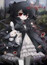 Rule 34 | &gt; o, absurdres, black dress, black hair, chibi, chibi inset, chocolate, commission, cowboy shot, dessert, dress, food, highres, holding, holding stuffed toy, lolita fashion, long hair, meyou 0319, one eye closed, original, outdoors, red eyes, smile, spoon, standing, stuffed animal, stuffed rabbit, stuffed toy, sugar cube, very long hair, white dress