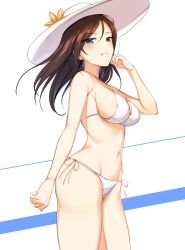 Rule 34 | 10s, 1girl, :d, arm at side, bare arms, bare shoulders, bikini, black hair, blue eyes, breasts, brown hair, cleavage, cowboy shot, flower, girls und panzer, grin, hand on own face, hat, hat flower, highres, icomochi, large breasts, long hair, looking at viewer, navel, nonna (girls und panzer), open mouth, parted lips, side-tie bikini bottom, sideboob, smile, solo, standing, stomach, sun hat, swept bangs, swimsuit, teeth, thighs, two-tone background, white bikini