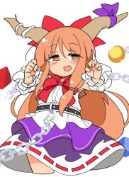 Rule 34 | 1girl, :d, bow, bowtie, chain, cropped legs, cube, fang, hair bow, half-closed eyes, highres, horn ornament, horn ribbon, horns, ibuki suika, ini (inunabe00), long hair, looking at viewer, metal belt, open mouth, orange eyes, orange hair, orb, purple skirt, pyramid (structure), red bow, red bowtie, ribbon, ribbon-trimmed skirt, ribbon trim, shirt, simple background, skirt, smile, solo, torn clothes, torn sleeves, touhou, white background, white shirt, wrist cuffs