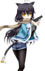Rule 34 | 1girl, animal ears, ass, bell, black hair, black pantyhose, cat ears, cat tail, enpera, glock, gun, handgun, highres, jingle bell, long hair, looking at viewer, original, pantyhose, pantyhose under shorts, scarf, shimo (depthbomb), shorts, simple background, slit pupils, solo, tail, tail bell, tail ornament, trigger discipline, weapon, white background, yellow eyes