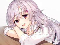 Rule 34 | 1girl, :d, cofetaru, commentary request, crossed arms, desk, double-parted bangs, eyelashes, eyes visible through hair, grey hair, hair between eyes, hair ornament, hair over shoulder, hairclip, head tilt, kinoshita kaede, leaning forward, light blush, long hair, long sleeves, nail polish, open mouth, purple nails, red eyes, school uniform, simple background, sleeves rolled up, smile, solo, spiked hair, suspenders, teeth, tenshi souzou re-boot!, thick eyebrows, upper teeth only, waving, wavy hair, white background