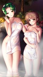 Rule 34 | 2girls, blush, breasts, brown eyes, brown hair, cleavage, closed mouth, collarbone, covering privates, doukyuusei another world, game cg, green hair, hair intakes, hair ribbon, head tilt, large breasts, long hair, looking at viewer, low twintails, mole, mole under eye, mother and daughter, multiple girls, nagashima kumiko, nagashima sachiko, naked towel, nude cover, official art, onsen, open mouth, red ribbon, ribbon, short hair, short twintails, smile, towel, twintails, wading, white towel