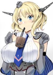Rule 34 | 1girl, bare shoulders, blonde hair, blue capelet, blue eyes, blue necktie, blush, braid, breasts, bubble tea, bubble tea challenge, capelet, colorado (kancolle), cup, drink, drinking, drinking straw, elbow gloves, french braid, garrison cap, gin&#039;ichi (akacia), gloves, grey gloves, grey hat, hat, headgear, kantai collection, large breasts, looking at viewer, necktie, object on breast, short hair, sideboob, simple background, solo, upper body, white background