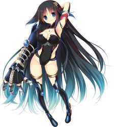 Rule 34 | 1girl, arm behind head, armlet, armpits, bindi, black footwear, black hair, black leotard, black thighhighs, blue eyes, boots, breasts, cleavage, clothing cutout, contrapposto, covered navel, full body, gauntlets, gradient hair, hair flaps, hair ornament, hatori piyoko, highleg, highleg leotard, leotard, long hair, looking at viewer, multicolored hair, nefertia demonar odinus, official art, pigeon-toed, side cutout, single gauntlet, skin tight, smile, solo, standing, thigh boots, thighhighs, thighlet, transparent background, very long hair, white background, yoroi no himegimi-tachi