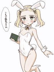 Rule 34 | 1girl, animal ears, bare legs, blonde hair, blush, book, breasts, commentary request, covered navel, cowboy shot, cross, detached collar, earrings, eisu (eith), fake animal ears, fake tail, green eyes, harsha (eisu), high heels, highres, holding, holding book, jewelry, leg up, leotard, looking at viewer, medium hair, neck ribbon, original, parted lips, rabbit ears, rabbit tail, ribbon, simple background, small breasts, solo, standing, standing on one leg, strapless, strapless leotard, stud earrings, swept bangs, tail, translated, white background, white footwear, white leotard, wing collar, wrist cuffs, wristband
