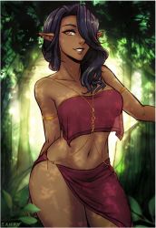 Rule 34 | 1girl, armlet, artist name, backlighting, black hair, breasts, chain, collarbone, cowboy shot, dark elf, dark skin, elf, forest, gold, gold chain, hair over one eye, iahfy, jewelry, medium breasts, midriff, nature, navel, original, outdoors, parted lips, pointy ears, smile, solo, yellow eyes