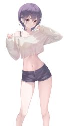 Rule 34 | 1girl, bare shoulders, black hair, black shorts, bra strap, closed mouth, collarbone, crop top, crop top overhang, cutoffs, denim, denim shorts, expressionless, grey sweater, hair between eyes, hair ornament, hands up, highres, long sleeves, looking at viewer, marinesnow, midriff, mizuno ai, navel, off-shoulder sweater, off shoulder, ribbed sweater, short hair, short shorts, shorts, simple background, sleeves past wrists, solo, standing, stomach, sweater, thighs, white background, zombie land saga