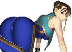 Rule 34 | 1girl, absurdres, all fours, ass, bare shoulders, bodysuit, brown eyes, brown hair, cameltoe, capcom, chinese clothes, chun-li, double bun, double vertical stripe, hair bun, highres, huge ass, kansuke, looking back, short hair, simple background, solo, street fighter, white background