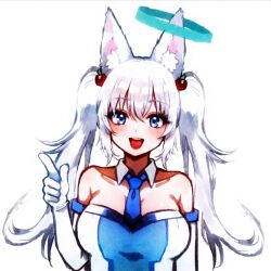 Rule 34 | 1girl, animal ear fluff, animal ears, blue dress, blue eyes, blue necktie, breasts, cherry hair ornament, collar, collarbone, detached collar, dress, elbow gloves, food-themed hair ornament, fox ears, fox girl, gloves, hair ornament, halo, highres, indie virtual youtuber, kirsche verstahl, large breasts, long hair, necktie, nodonmai, open mouth, pointing, red lips, solo, strapless, strapless dress, twintails, two-tone dress, upper body, virtual youtuber, white collar, white dress, white gloves, white hair