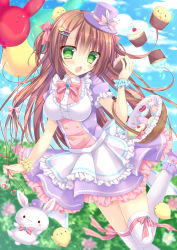 Rule 34 | 1girl, :3, apron, bad id, bad pixiv id, balloon, basket, bird, blush, bow, bowtie, breasts, brown hair, rabbit, buttons, chestnut mouth, chick, cloud, cloudy sky, cupcake, day, dress, easter, easter egg, egg, flower, food, food on face, frilled dress, frills, green eyes, hair between eyes, hair bow, hair ornament, hairclip, hat, hat bow, heart, highres, holding, holding food, kohinata hoshimi, long hair, medium breasts, mini hat, mini top hat, open mouth, original, shoes, short sleeves, sky, solo, sparkle, standing, standing on one leg, thighhighs, top hat, underbust, wrist cuffs
