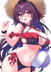 Rule 34 | 1girl, :d, absurdres, ball, bare shoulders, beachball, bikini, breasts, cleavage, cowboy shot, criss-cross halter, cu-no, glasses, halterneck, hands up, hat, highres, hisen kaede, kokonoe tamaki, large breasts, long hair, looking at viewer, nail polish, navel, open mouth, pince-nez, purple eyes, purple hair, scan, scrunchie, side-tie bikini bottom, simple background, skindentation, smile, solo, standing, stomach, straw hat, striped bikini, striped clothes, swimsuit, very long hair, white background, wrist scrunchie
