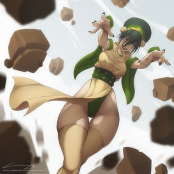 Rule 34 | 1girl, aged up, armor, avatar: the last airbender, avatar legends, belt, black hair, black lips, black nails, blind, bracelet, breasts, crossed legs, detached sleeves, dress, dutch angle, element bending, floating rock, geokinesis, green leotard, green sleeves, grey eyes, grin, hair over eyes, hat, highleg, highleg leotard, highres, japanese armor, jewelry, kote, leotard, leotard under clothes, lipstick, makeup, medium breasts, nail polish, narrow waist, pelvic curtain, sash, short hair, slivokuch, smile, solo, standing, studded belt, thick thighs, thigh gap, thighhighs, thighs, toph bei fong, wide sleeves, yellow dress