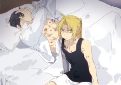 Rule 34 | 2boys, abs, aftersex, age difference, bed, bruise, edward elric, fullmetal alchemist, male focus, mori miya, multiple boys, muscular, roy mustang, sitting, yaoi