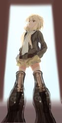 Rule 34 | 1girl, black footwear, blonde hair, boots, bottle, carla j. luksic, gradient background, hands in pockets, homare (homaredai), long hair, long sleeves, low twintails, purple eyes, scarf, standing, strike witches, twintails, world witches series