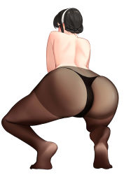 Rule 34 | 1girl, absurdres, artist request, ass, black hair, black panties, from behind, hairband, highres, long hair, looking back, panties, pantyhose, red eyes, simple background, solo, spy x family, underwear, white background, yor briar