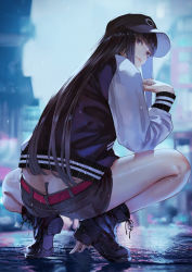 Rule 34 | 1girl, ass, back, belt, between buttocks, black hair, boots, butt crack, c-string, hat, highres, hime cut, kaoming, long hair, looking at viewer, original, rain, short shorts, shorts, smile, solo, squatting, strapless bottom, wet