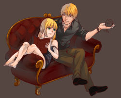 Rule 34 | 1boy, 1girl, ahoge, artoria pendragon (all), artoria pendragon (fate), bad id, bad pixiv id, barefoot, black shirt, blonde hair, book, casual, collared shirt, couch, cup, dress, drinking glass, fate/zero, fate (series), gilgamesh (fate), green eyes, jisue10, open book, ponytail, reading, red eyes, red upholstery, saber (fate), shirt, strap slip, wine glass