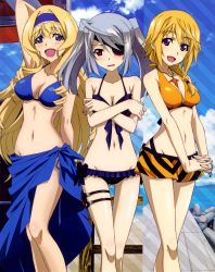 Rule 34 | 10s, 3girls, :d, absurdres, arm up, bare shoulders, bikini, bikini skirt, blonde hair, blue bikini, blue eyes, blush, bracelet, braid, breast hold, breasts, cecilia alcott, charlotte dunois, cleavage, covering privates, covering breasts, embarrassed, eyepatch, front-tie top, groin, hairband, hashimoto takayoshi, highres, infinite stratos, jewelry, laura bodewig, lips, long hair, long legs, multiple girls, navel, official art, open mouth, pendant, purple eyes, red eyes, sarong, scan, side-tie bikini bottom, silver hair, smile, swimsuit, thigh gap, thigh strap, twintails
