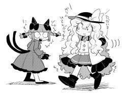 Rule 34 | 2girls, alternate hair length, alternate hairstyle, animal ears, bow, braid, cat ears, cat tail, commentary request, furukawa (yomawari), greyscale, hair bow, hat, hat bow, kaenbyou rin, komeiji koishi, long hair, long sleeves, monochrome, multiple girls, multiple tails, no nose, open mouth, sleeves past wrists, surprised, tail, third eye, touhou, translation request, twin braids, very long hair