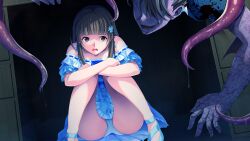 Rule 34 | 1girl, aotonbo, bare shoulders, black eyes, brown hair, caught, dress, feet, game cg, imminent rape, indoors, knees together feet apart, legs, long hair, monster, nonokura ayumi, open mouth, original, own hands together, panties, pantyshot, shokusai no shima: island of the dead, sitting, tentacles, thighs, underwear