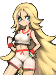 Rule 34 | 10s, 1girl, blonde hair, blue eyes, breasts, clenched hand, creatures (company), crop top, dakusuta, female focus, game freak, gym leader, hair between eyes, hair down, hand on own hip, highres, korrina (pokemon), legs apart, long hair, looking to the side, medium breasts, midriff, nintendo, pokemon, pokemon (anime), pokemon xy, shorts, simple background, solo, standing, very long hair, white background, white shorts