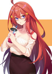 Rule 34 | 1girl, ahoge, blouse, blue eyes, blush, breasts, brown skirt, cleavage, collarbone, cup, glasses, go-toubun no hanayome, hair between eyes, hair ornament, holding, holding cup, large breasts, long hair, looking at viewer, nakano itsuki, off-shoulder blouse, open mouth, red hair, sakanasoko, shirt, skirt, solo, star (symbol), star hair ornament, white shirt