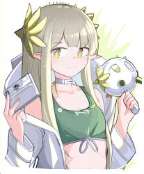 Rule 34 | 1girl, absurdres, arknights, blush, breasts, camera, cleavage, closed mouth, green eyes, grey hair, hands up, highres, holding, holding camera, jacket, long hair, long sleeves, mole, mole under eye, muelsyse (arknights), open clothes, open jacket, pointy ears, small breasts, smile, solo, spam (spamham4506), upper body, white background, white jacket, wide sleeves
