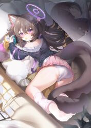 Rule 34 | 1girl, absurdres, animal ear fluff, animal ears, ass, black shirt, blush, brown hair, cameltoe, cat, chips (food), cleft of venus, dress, eating, feet, food, halo, highres, kneehighs, kneepits, legs, long hair, lying, miniskirt, mouth hold, nintendo switch, no shoes, off shoulder, on stomach, original, panties, pink eyes, pink skirt, playing games, pleated dress, potato chips, shirt, skirt, socks, soles, stuffed toy, tail, thighs, underwear, wangmon, white panties, white socks