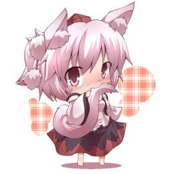 Rule 34 | 1girl, animal ears, biting, biting own tail, chibi, detached sleeves, female focus, full body, hat, hugging own tail, hugging tail, inubashiri momiji, kuromiya, pink eyes, short hair, silver hair, solo, standing, tail, tail biting, tokin hat, touhou, white background, wolf ears, wolf tail