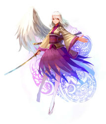 Rule 34 | 1girl, adapted costume, alternate hair length, alternate hairstyle, angel wings, breasts, dress, full body, highres, holding, holding sword, holding weapon, japanese clothes, katana, kishin sagume, light smile, long hair, long sleeves, looking at viewer, obi, open hand, orange eyes, outstretched arm, patterned background, purple dress, ribbon, sandals, sash, scabbard, sheath, short dress, single wing, solo, sword, thighhighs, touhou, unfinished, weapon, white background, white hair, white thighhighs, wide sleeves, wind, wings, yuren, zouri