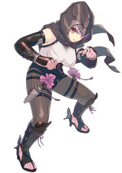 Rule 34 | 1girl, arm guards, armor, ayane (doa), bad id, bad pixiv id, black pantyhose, bodysuit, breasts, bug, butterfly, dead or alive, dead or alive 6, elbow gloves, flower, gloves, headband, highres, hood, hood down, insect, kunai, medium breasts, ninja, pantyhose, petals, pink flower, purple hair, red eyes, sandals, short hair, solo, standing, tecmo, thigh strap, tree, weapon, yagi2013