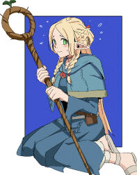 Rule 34 | 1girl, blonde hair, blue robe, blush, braid, cape, dungeon meshi, elf, green eyes, hair around ear, highres, holding, holding staff, lan 3736, marcille donato, pointy ears, robe, smile, staff
