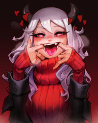 Rule 34 | 1girl, absurdres, black horns, black jacket, blush, breasts, demon girl, demon horns, drooling, eyebrows, eyebrows hidden by hair, fangs, finger in own mouth, glowing, glowing eyes, hair between eyes, heart, heart-shaped pupils, helltaker, highres, horns, jacket, medium breasts, medium hair, modeus (helltaker), naughty face, reagan long, red background, red sweater, ribbed sweater, saliva, smile, solo, steam, steaming body, sweater, symbol-shaped pupils, tongue, turtleneck, turtleneck sweater, upper body, white hair