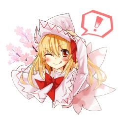 Rule 34 | !, 1girl, :q, ;q, bad id, bad pixiv id, blonde hair, blush, bow, brown eyes, capelet, chapa, cherry blossoms, female focus, hand on own head, highres, lily white, long hair, one eye closed, portrait, red eyes, simple background, solo, tongue, tongue out, touhou, wink