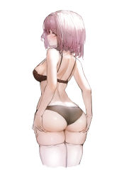 Rule 34 | 1girl, absurdres, ass, ass support, back, bare arms, bare shoulders, black panties, blush, breasts, brown eyes, cp (tlstjdghek), cropped legs, fate/grand order, fate (series), from behind, highres, looking at viewer, looking back, mash kyrielight, medium breasts, panties, parted lips, pink hair, short hair, sideboob, simple background, skindentation, solo, strap gap, thighhighs, underwear, underwear only, wedgie, white background, white thighhighs