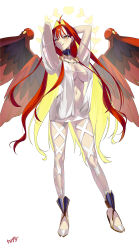 Rule 34 | 1girl, absurdres, ahoge, aphrodite (fate), armpits, arms behind head, arms up, bare shoulders, blonde hair, blush, breasts, center opening, cleavage, dress, earrings, fate/grand order, fate (series), feathered wings, full body, grin, hair intakes, heart, heart earrings, highres, jewelry, kurozawa yui, large breasts, long hair, long sleeves, looking at viewer, multicolored hair, multiple wings, navel, neck ring, orange eyes, puffy sleeves, red hair, red wings, sandals, skull, smile, solo, two-tone hair, very long hair, white dress, wings, wrist cuffs