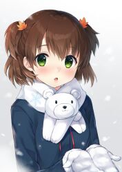 Rule 34 | 1girl, animal print, autumn leaves, bear print, blue coat, blush, brown hair, coat, cofetaru, commentary, gin&#039;iro haruka, green eyes, grey background, hair ornament, hands up, highres, leaf hair ornament, lips, looking at viewer, medium hair, mittens, nashiro momiji, nose blush, open mouth, scarf, simple background, snowflake print, snowing, solo, spiked hair, symbol-only commentary, tareme, two side up, upper body, visible air, white mittens, white scarf, winter, winter clothes