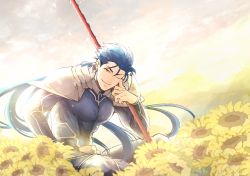 Rule 34 | 1boy, armor, beads, betushio, blue bodysuit, blue hair, bodysuit, cu chulainn (fate), cu chulainn (fate/stay night), earrings, fate/stay night, fate (series), field, floating hair, flower, flower field, gae bolg (fate), grin, hair beads, hair ornament, head rest, highres, holding, holding polearm, holding weapon, jewelry, long hair, looking at viewer, male focus, muscular, muscular male, one eye closed, open mouth, outdoors, pauldrons, pectorals, polearm, ponytail, red eyes, shoulder armor, sitting, skin tight, sky, slit pupils, smile, solo, spiked hair, sunflower, sunflower field, weapon